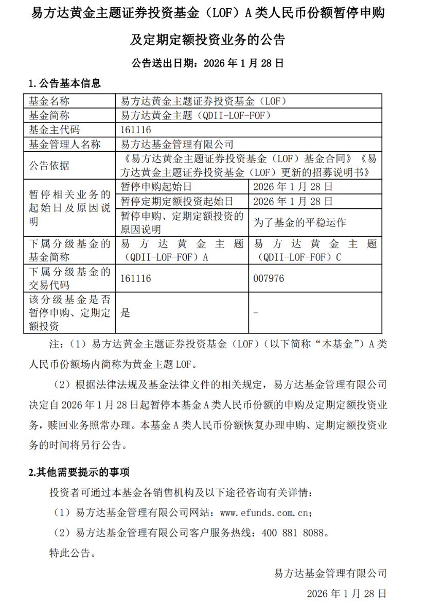 易方达黄金主题LOF：暂停申购！